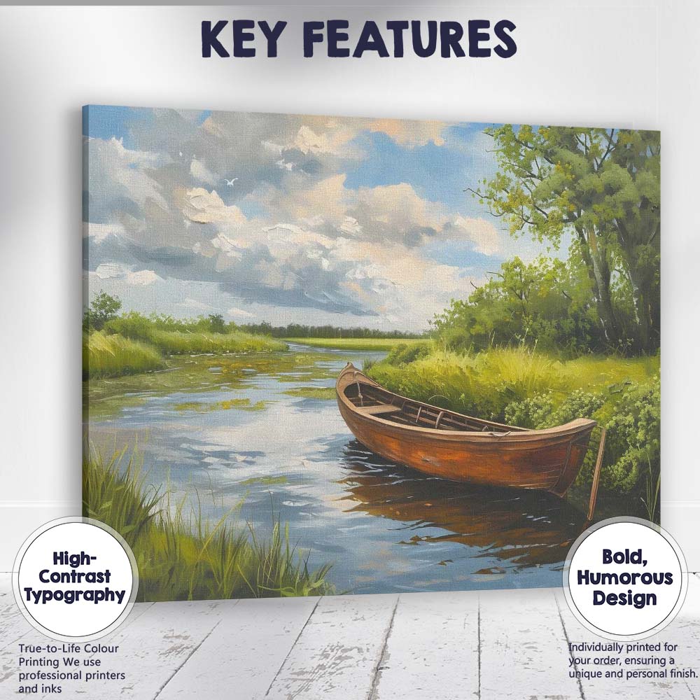 Peaceful Wooden Rowboat Riverside Landscape Canvas Wall Art Print Decor Picture Ready to Hang