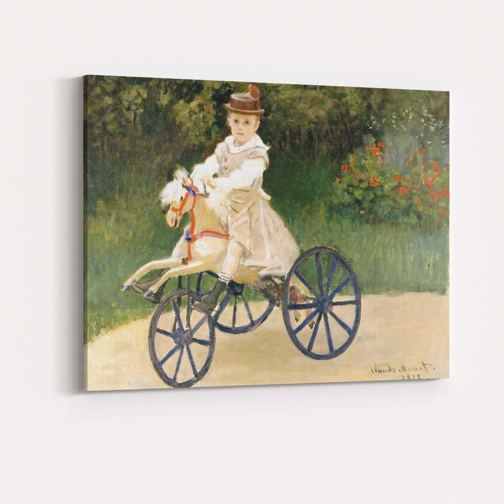 Impressionist Child Riding Toy Horse Garden Scene Canvas Wall Art Print Decor Picture Ready to Hang