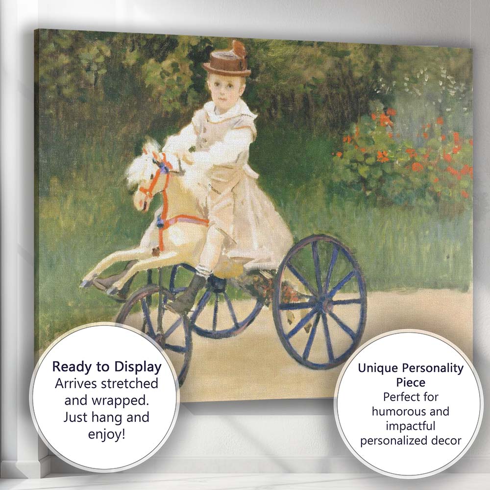 Impressionist Child Riding Toy Horse Garden Scene Canvas Wall Art Print Decor Picture Ready to Hang