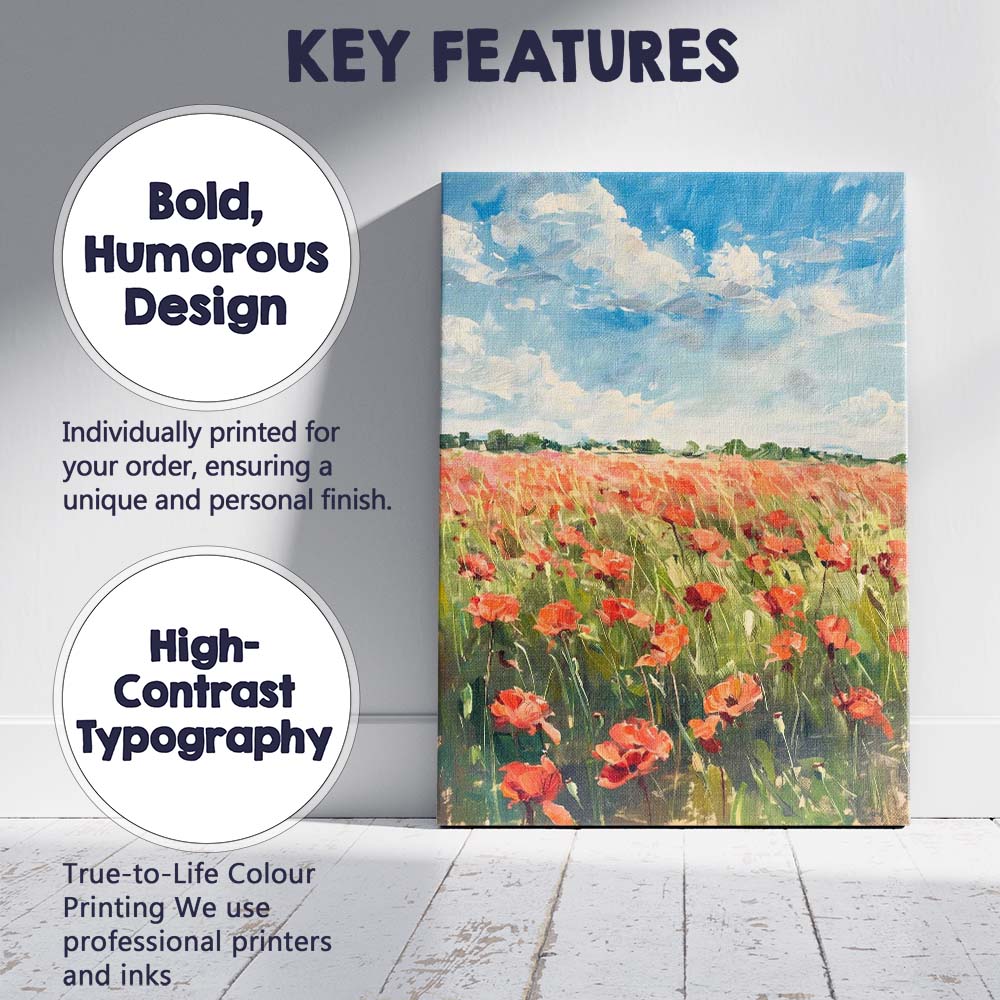 Impressionist Red Poppy Field Blue Sky Landscape Canvas Wall Art Print Decor Picture Ready to Hang