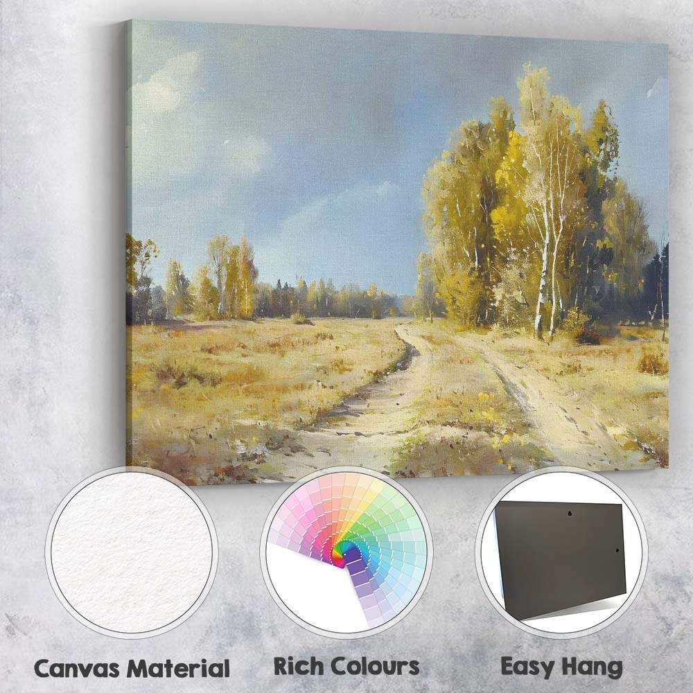 Golden Autumn Birch Forest Country Track Canvas Wall Art Print Decor Picture Ready to Hang