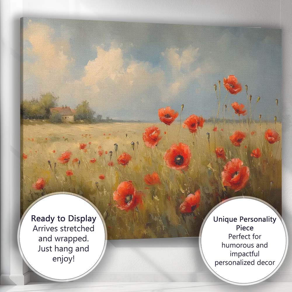 Rustic Red Poppy Meadow Countryside Landscape Canvas Wall Art Print Decor Picture Ready to Hang