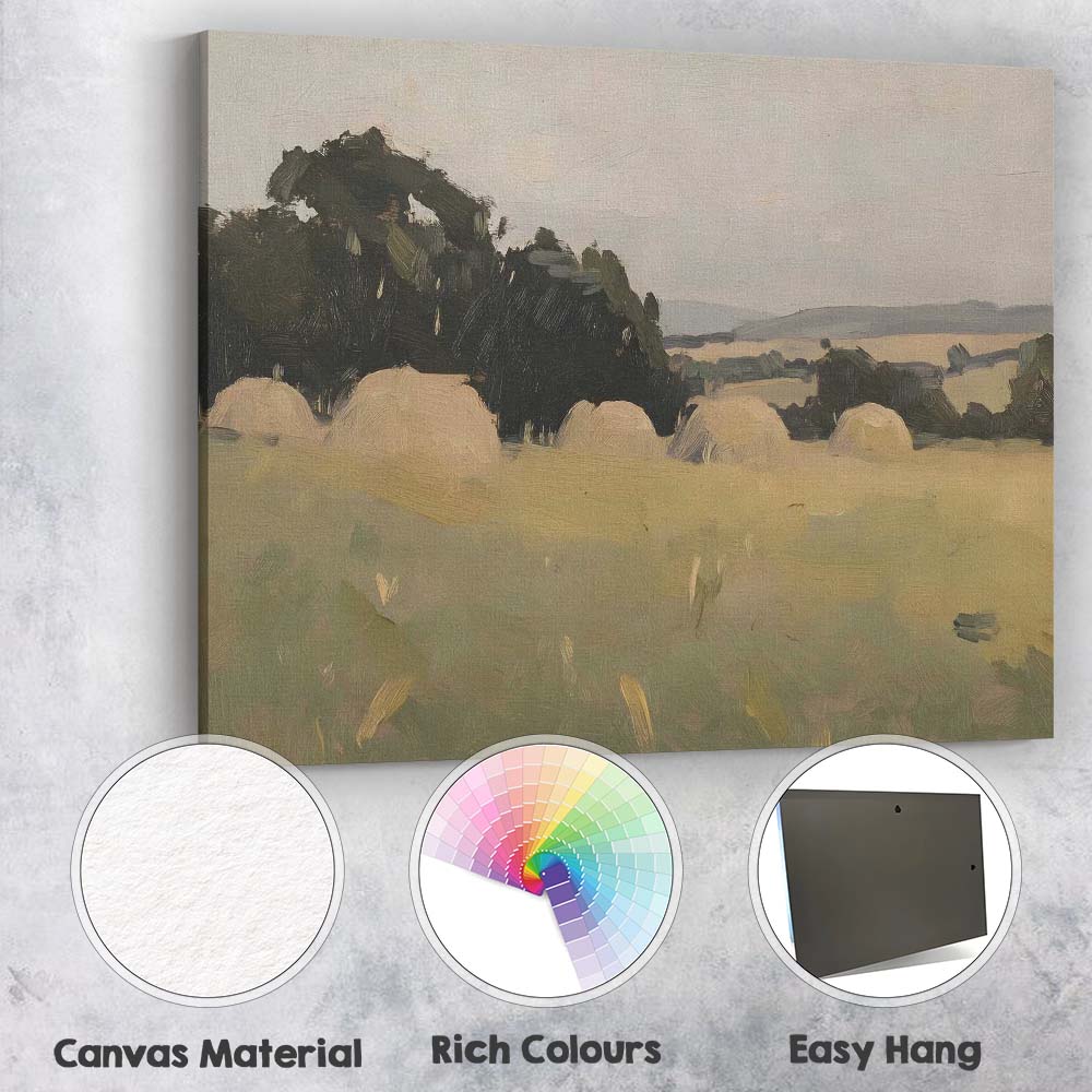 Muted Rural Hay Bale Countryside Landscape Canvas Wall Art Print Decor Picture Ready to Hang