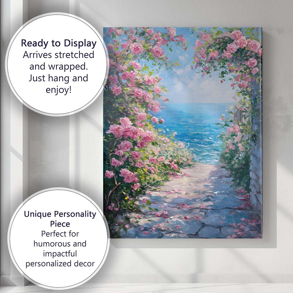 Romantic Pink Rose Arch Coastal Seascape Impressionist Canvas Wall Art Print Decor Picture Ready to Hang