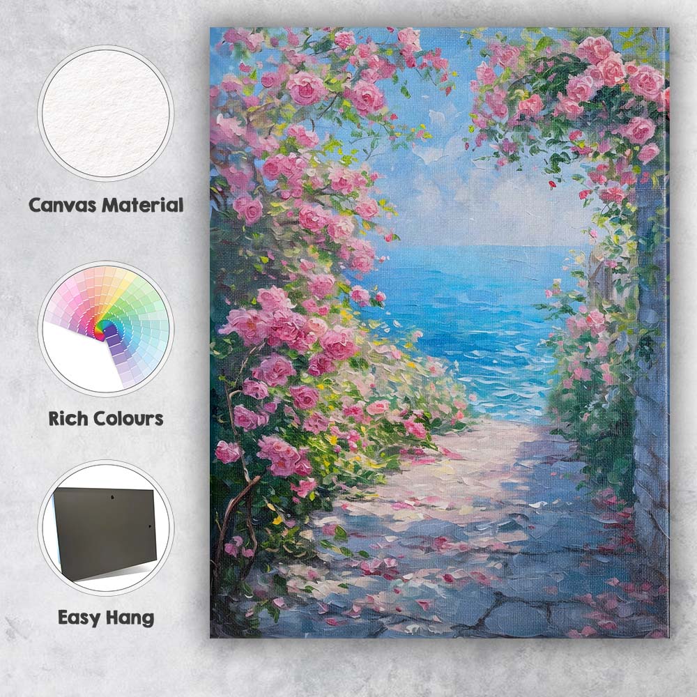Romantic Pink Rose Arch Coastal Seascape Impressionist Canvas Wall Art Print Decor Picture Ready to Hang