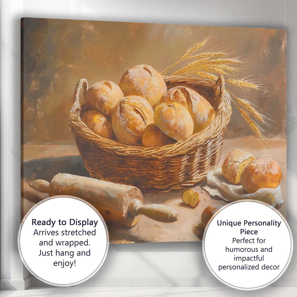 Rustic Bread Basket Bakery Still Life Canvas Wall Art Print Decor Picture Ready to Hang