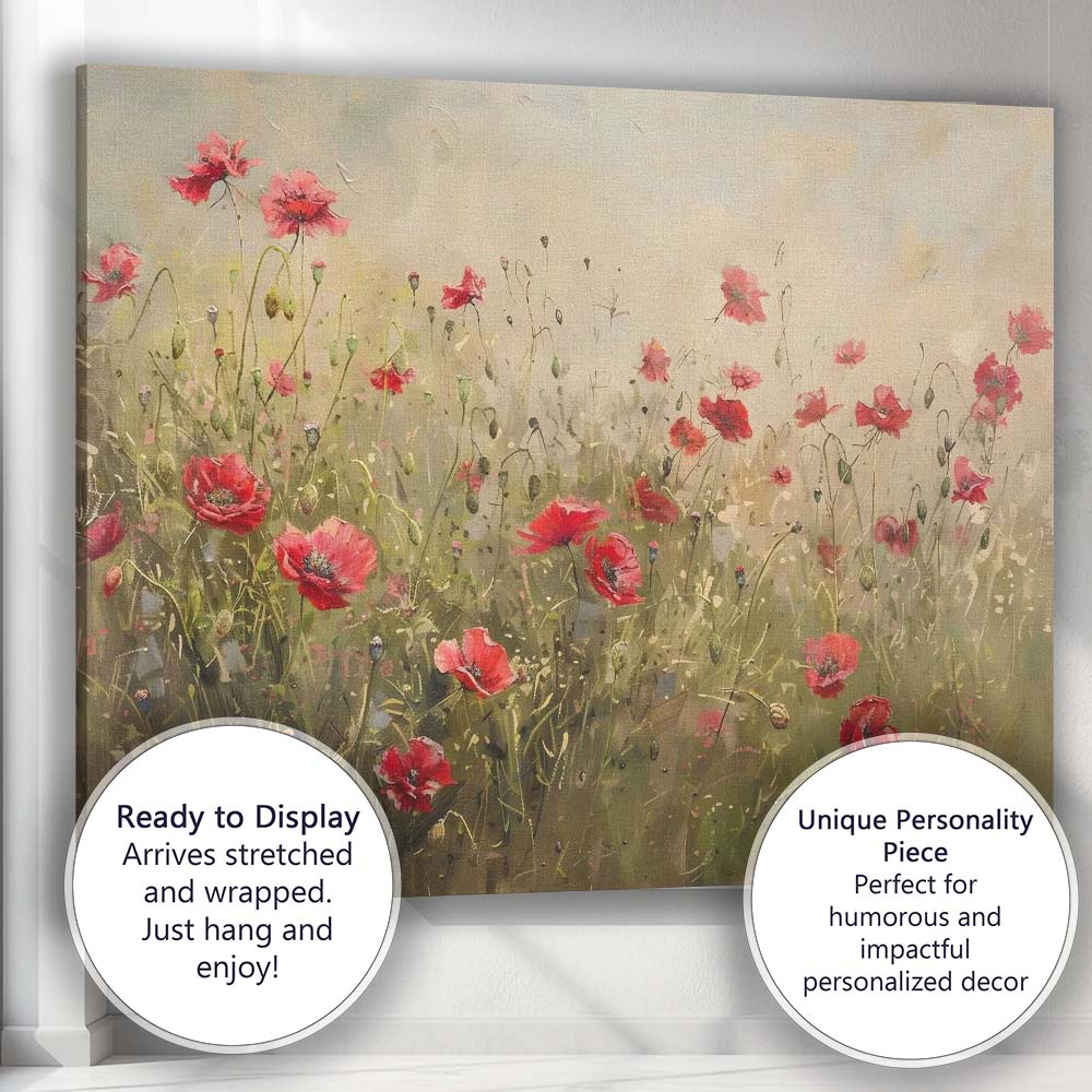 Delicate Red Poppy Wildflower Meadow Impressionist Floral Canvas Wall Art Print Decor Picture Ready to Hang