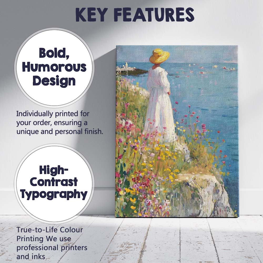 Impressionist Woman in White Dress Coastal Wildflower Meadow Canvas Wall Art Print Decor Picture Ready to Hang