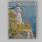 Impressionist Woman in White Dress Coastal Wildflower Meadow Canvas Wall Art Print Decor Picture Ready to Hang
