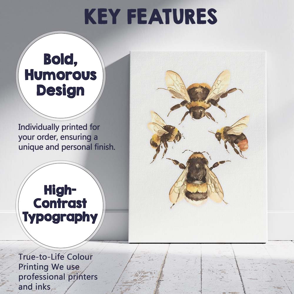 Watercolour Bumble Bee Study Natural History Wildlife Illustration Canvas Wall Art Print Decor Picture Ready to Hang