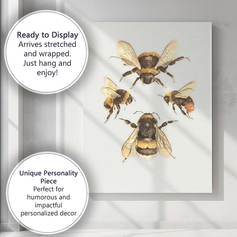 Watercolour Bumble Bee Study Natural History Wildlife Illustration Canvas Wall Art Print Decor Picture Ready to Hang