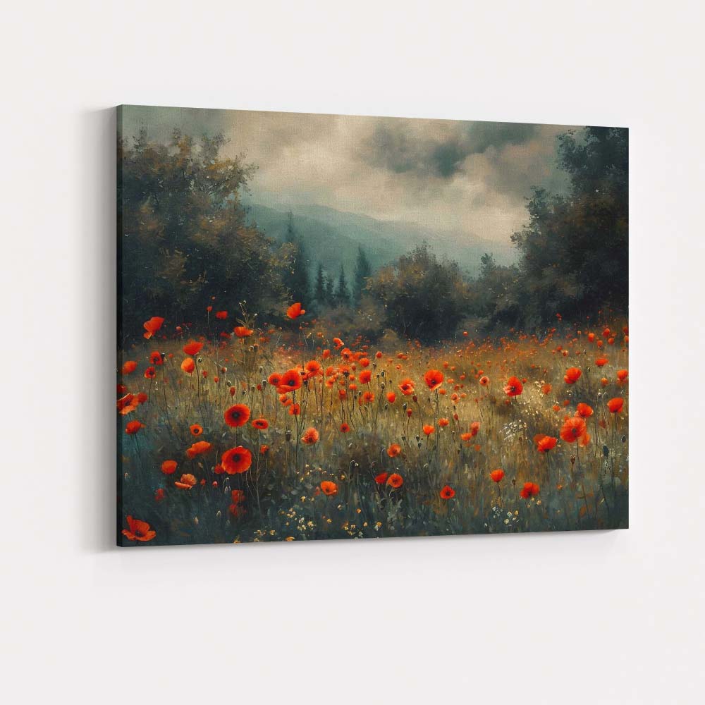 Moody Red Poppy Meadow Mountain Landscape Impressionist Canvas Wall Art Print Decor Picture Ready to Hang