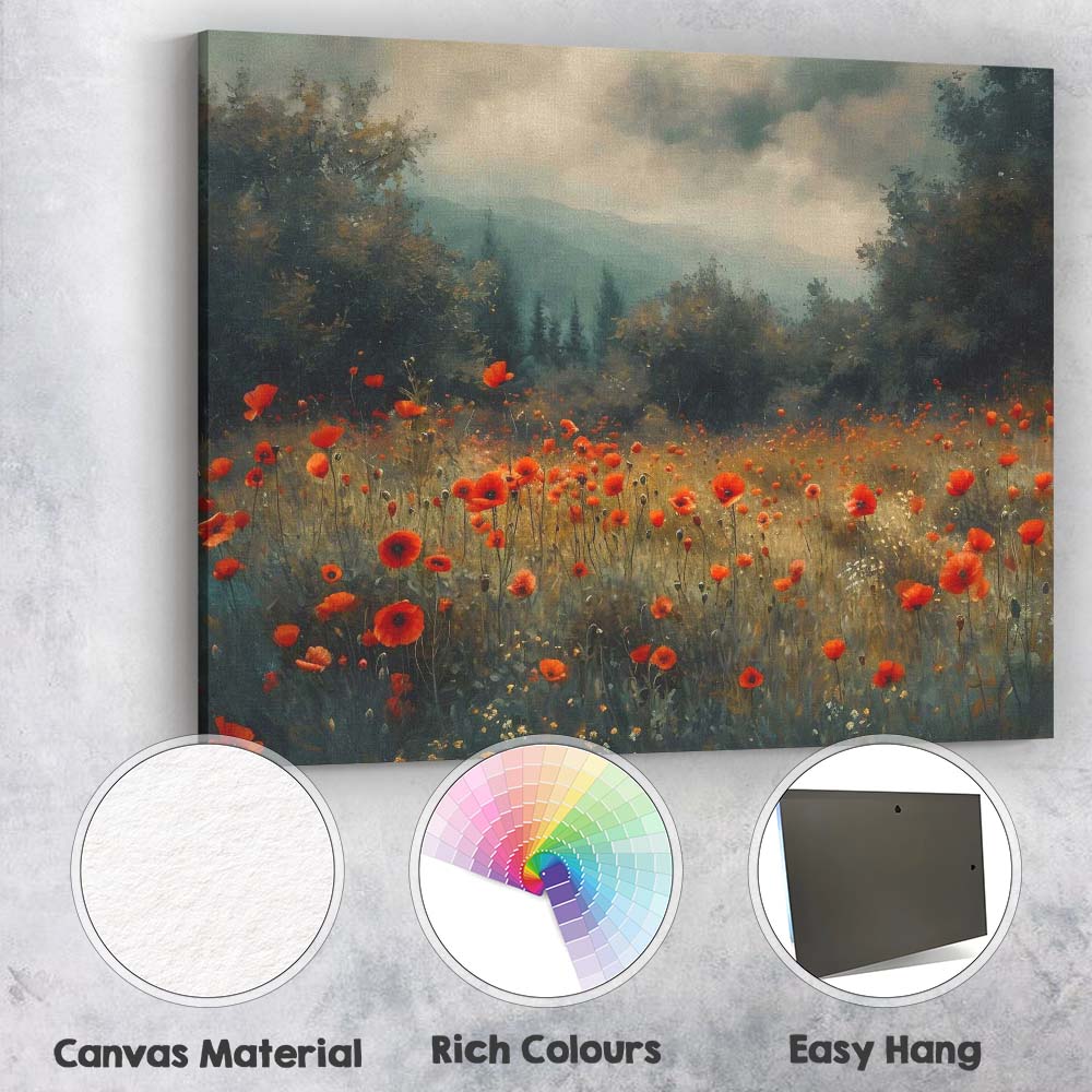 Moody Red Poppy Meadow Mountain Landscape Impressionist Canvas Wall Art Print Decor Picture Ready to Hang