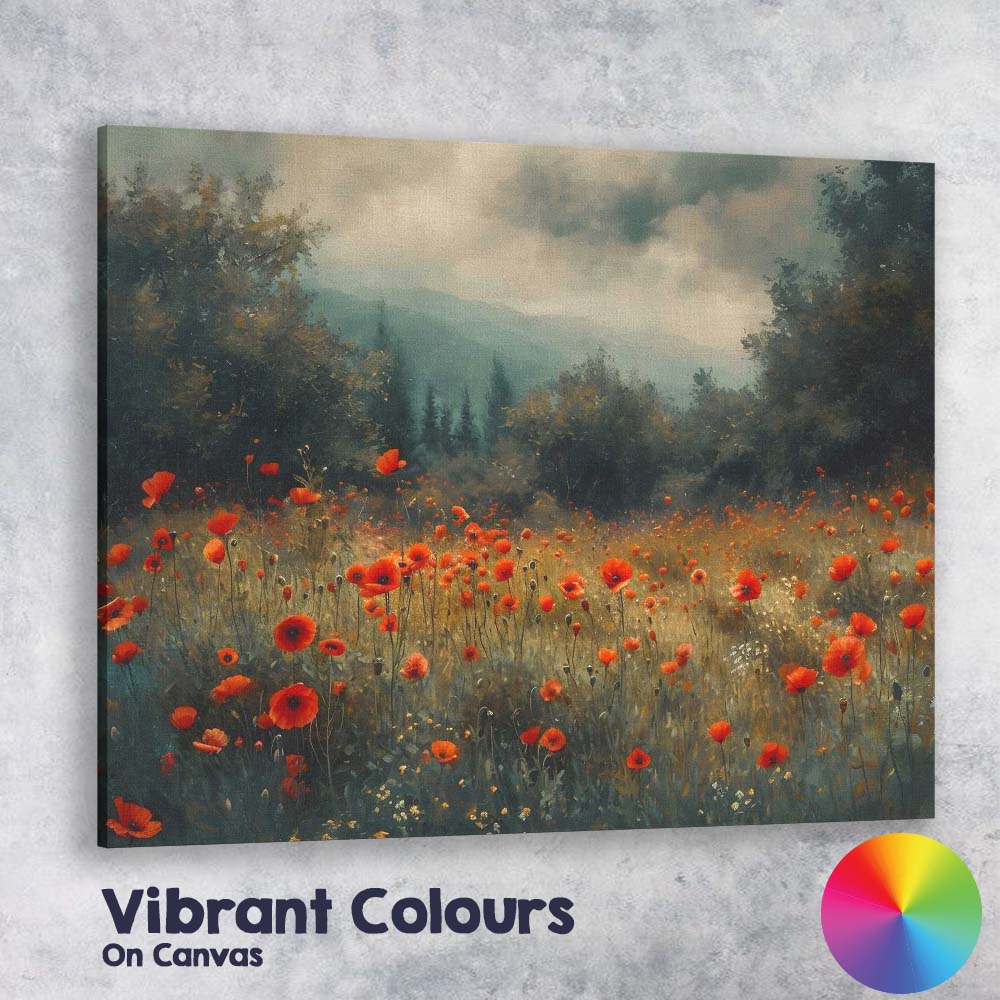 Moody Red Poppy Meadow Mountain Landscape Impressionist Canvas Wall Art Print Decor Picture Ready to Hang