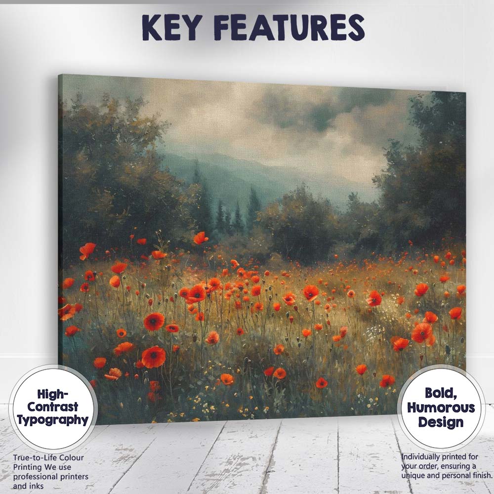 Moody Red Poppy Meadow Mountain Landscape Impressionist Canvas Wall Art Print Decor Picture Ready to Hang