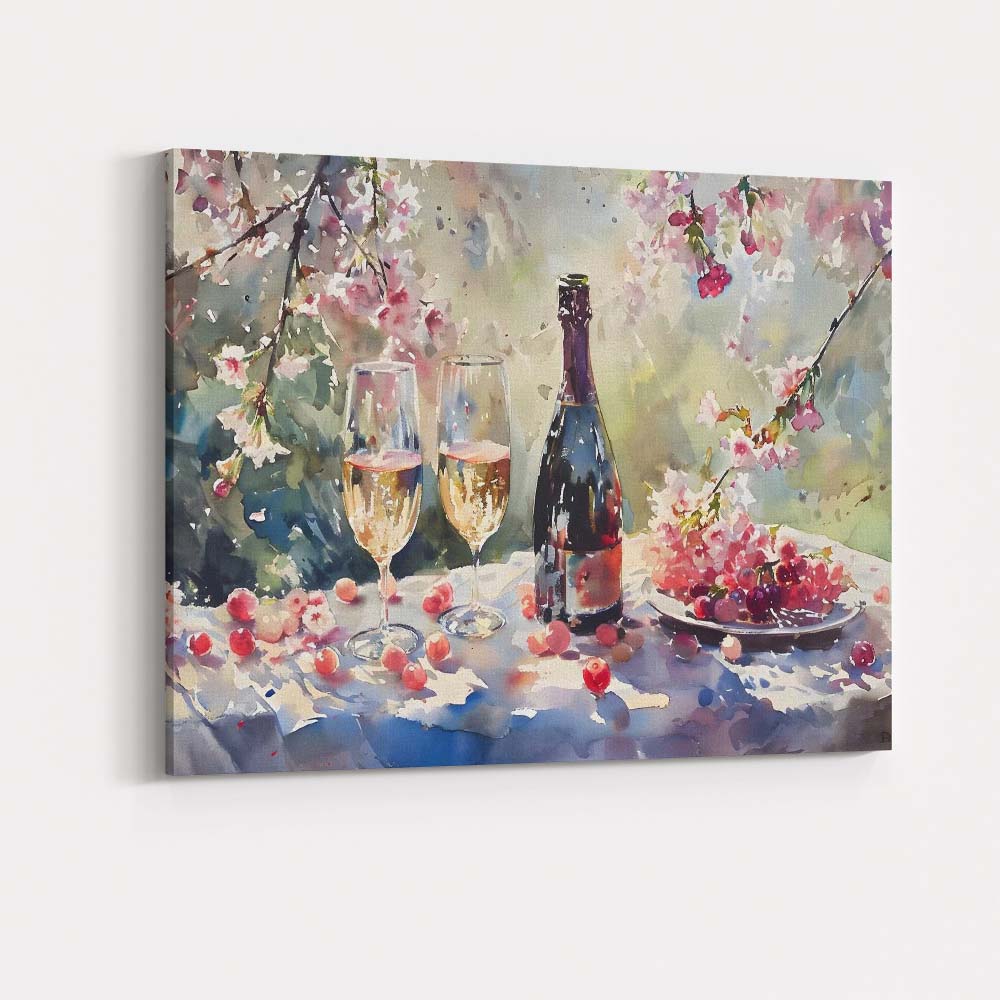 Abstract Watercolour Cherry Blossom Champagne Celebration Still Life Canvas Wall Art Print Decor Picture Ready to Hang