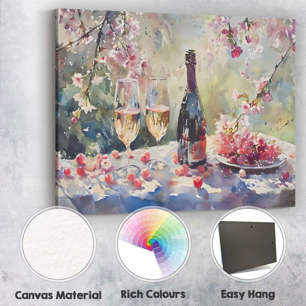 Abstract Watercolour Cherry Blossom Champagne Celebration Still Life Canvas Wall Art Print Decor Picture Ready to Hang