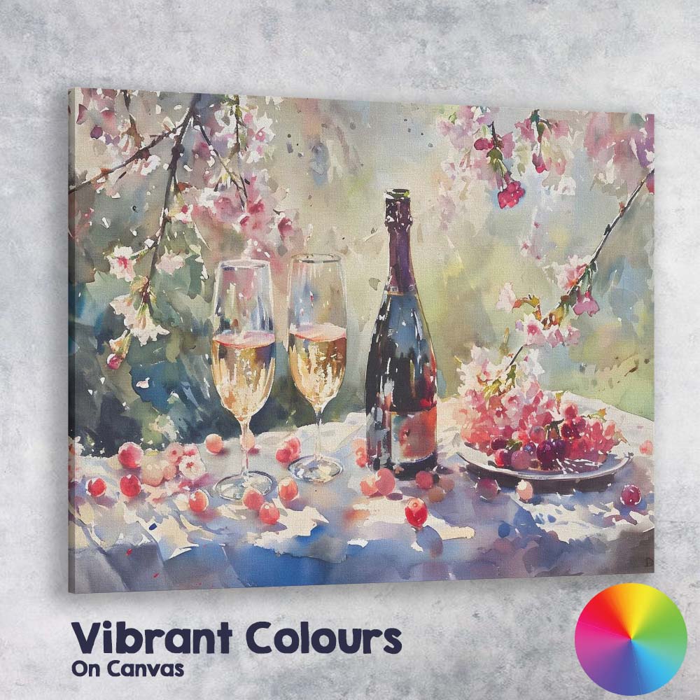 Abstract Watercolour Cherry Blossom Champagne Celebration Still Life Canvas Wall Art Print Decor Picture Ready to Hang