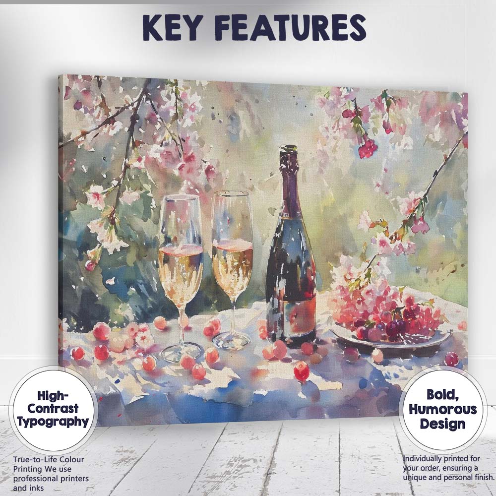 Abstract Watercolour Cherry Blossom Champagne Celebration Still Life Canvas Wall Art Print Decor Picture Ready to Hang