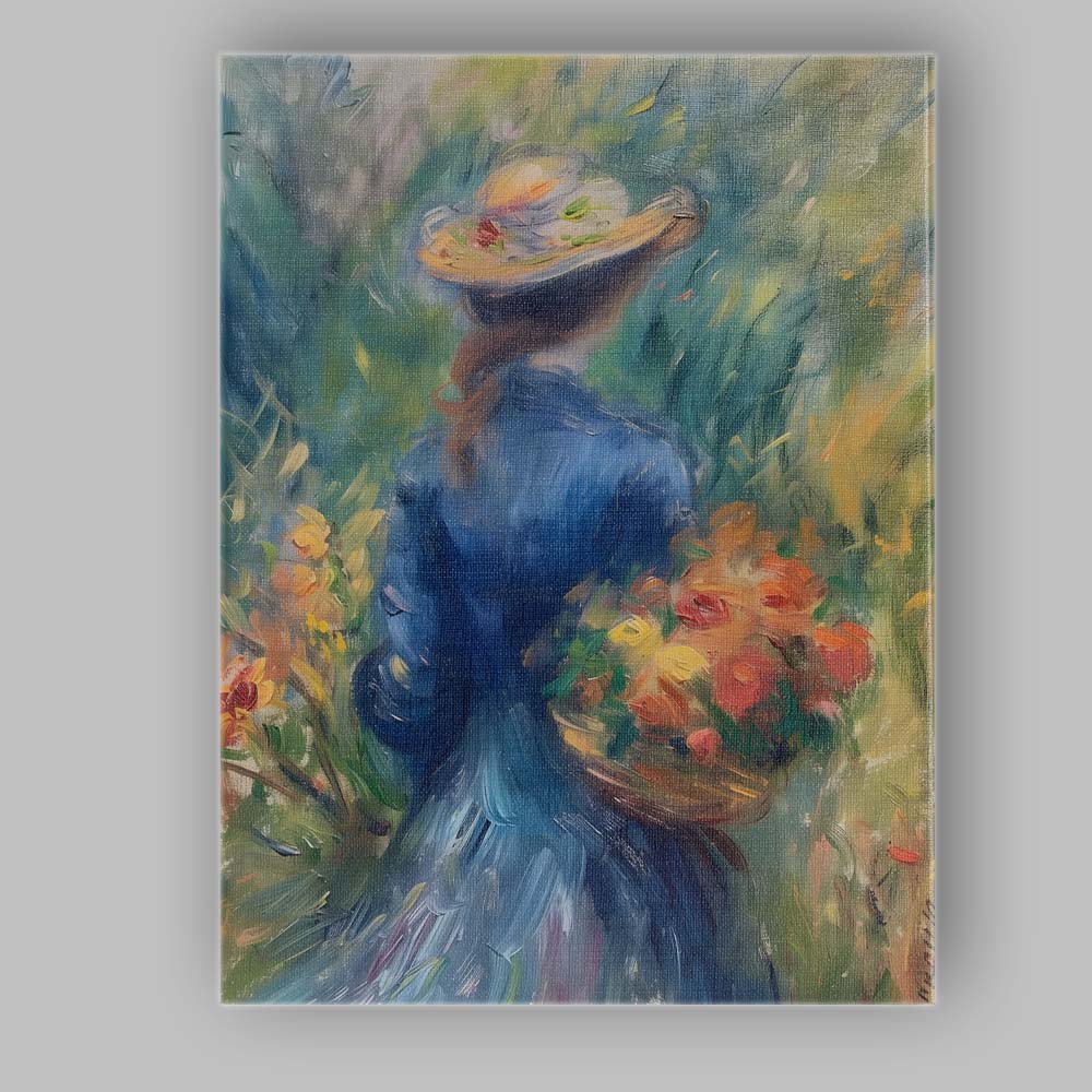 Impressionist Woman In Blue Dress Carrying Flower Basket Garden Canvas Wall Art Print Decor Picture Ready to Hang