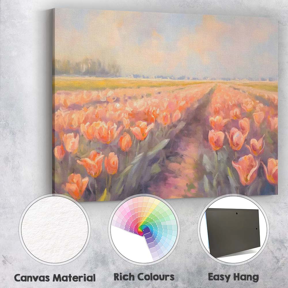 Impressionist Peach Pink Tulip Field Spring Floral Landscape Canvas Wall Art Print Decor Picture Ready to Hang