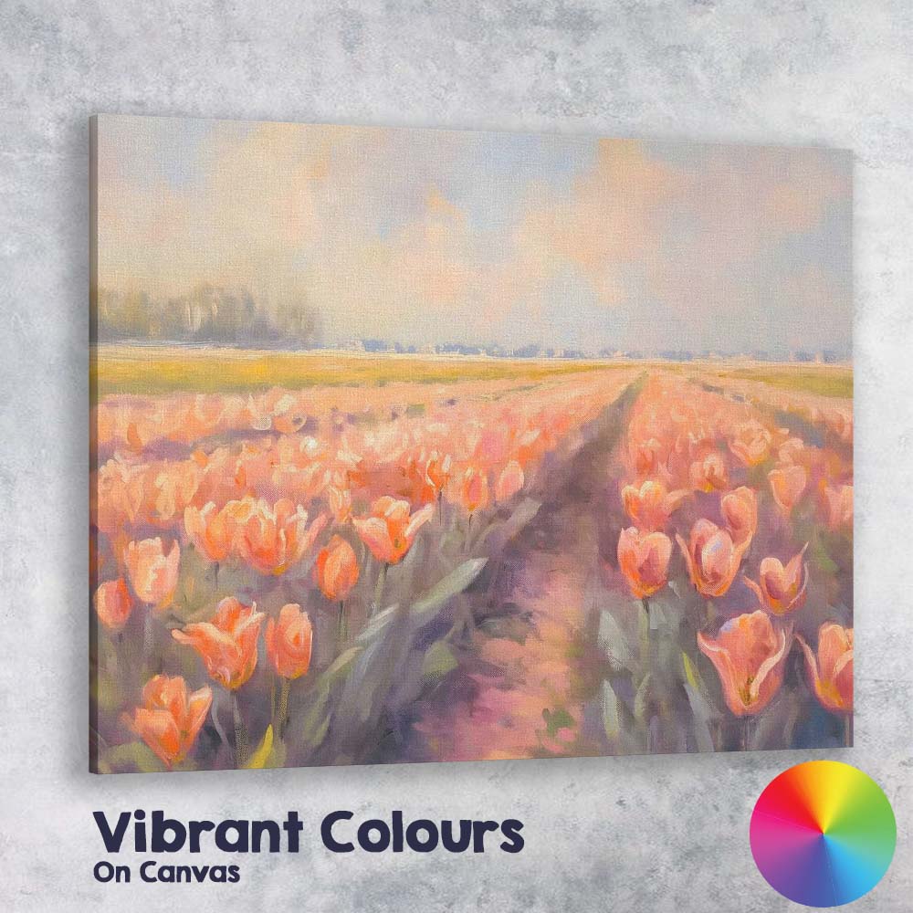 Impressionist Peach Pink Tulip Field Spring Floral Landscape Canvas Wall Art Print Decor Picture Ready to Hang