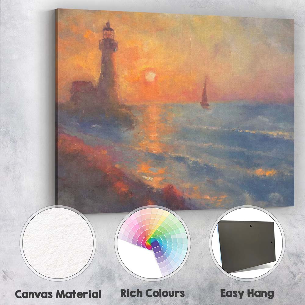 Impressionist Coastal Lighthouse Sunset Seascape Sailing Boat Canvas Wall Art Print Decor Picture Ready to Hang