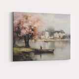 Soft Impressionist Riverside Blossom Tree Rowboat Village Canvas Wall Art Print Decor Picture Ready to Hang