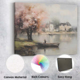 Soft Impressionist Riverside Blossom Tree Rowboat Village Canvas Wall Art Print Decor Picture Ready to Hang