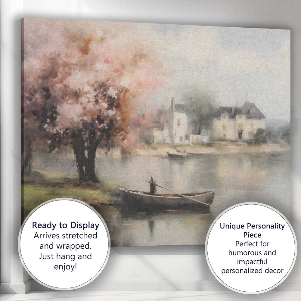 Soft Impressionist Riverside Blossom Tree Rowboat Village Canvas Wall Art Print Decor Picture Ready to Hang