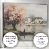 Soft Impressionist Riverside Blossom Tree Rowboat Village Canvas Wall Art Print Decor Picture Ready to Hang
