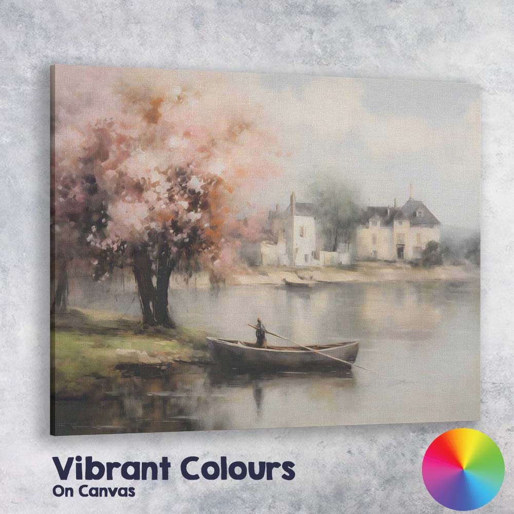 Soft Impressionist Riverside Blossom Tree Rowboat Village Canvas Wall Art Print Decor Picture Ready to Hang