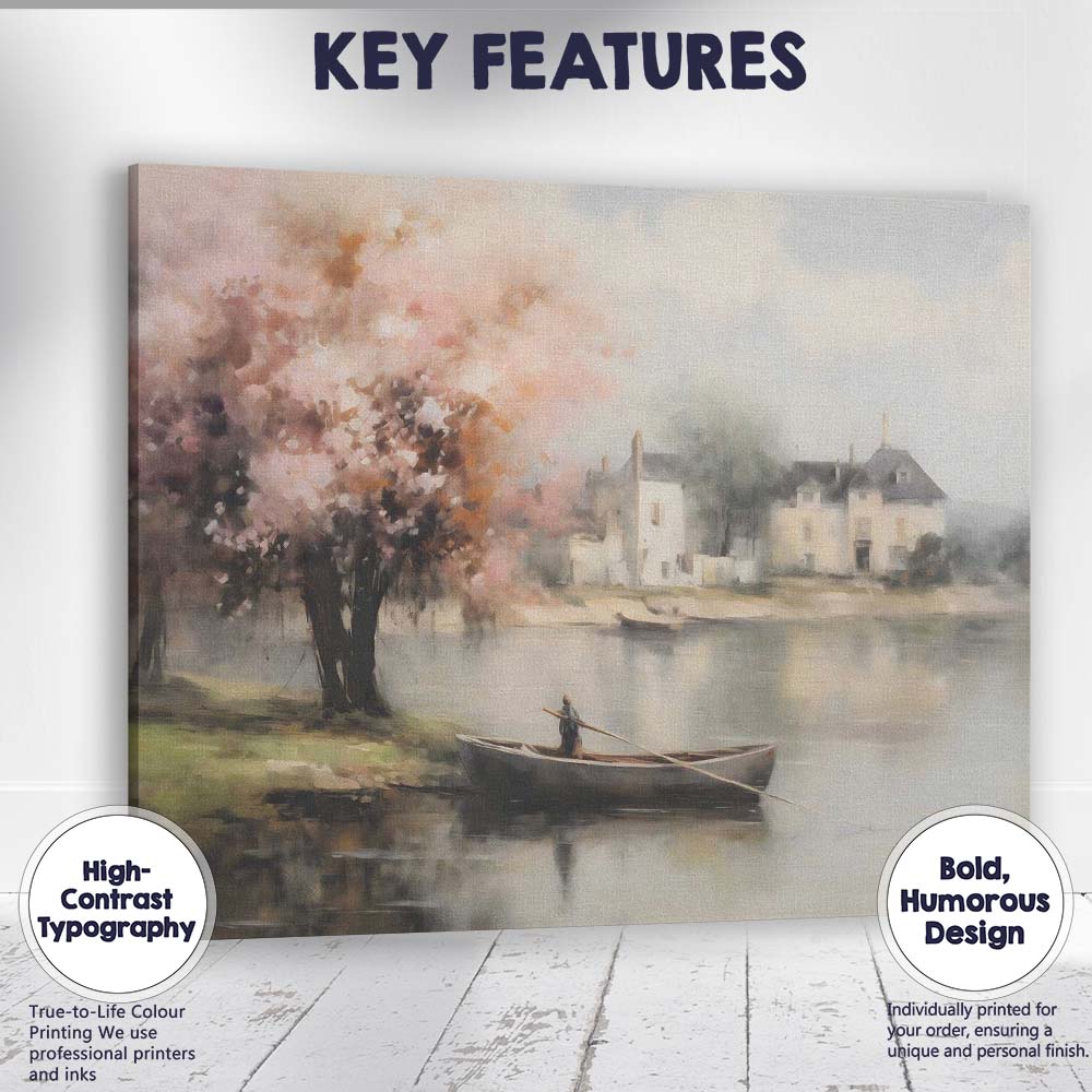 Soft Impressionist Riverside Blossom Tree Rowboat Village Canvas Wall Art Print Decor Picture Ready to Hang