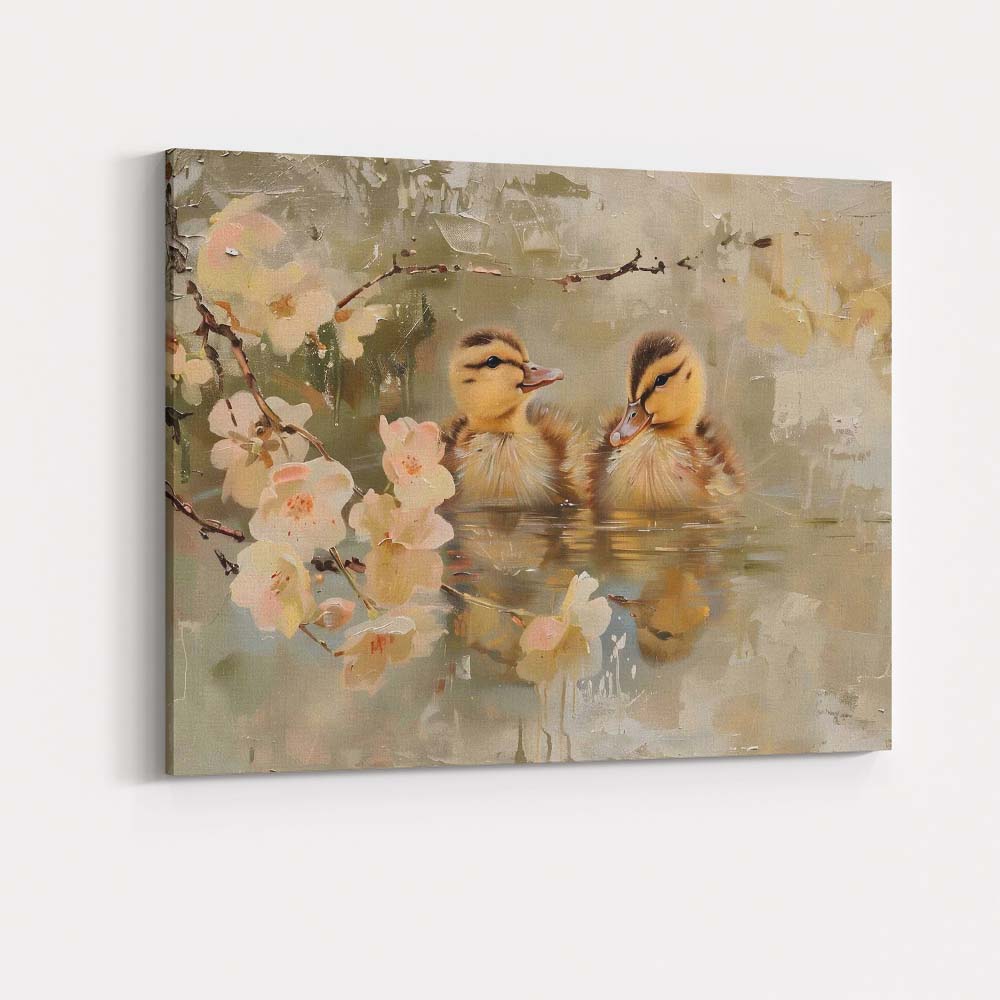 Cute Spring Ducklings Blossom Pond Wildlife Canvas Wall Art Print Decor Picture Ready to Hang