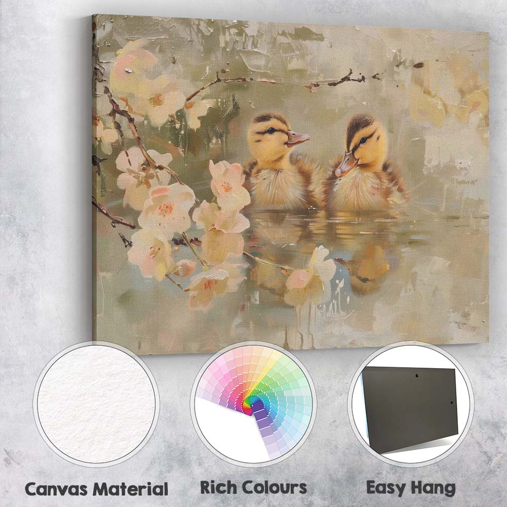 Cute Spring Ducklings Blossom Pond Wildlife Canvas Wall Art Print Decor Picture Ready to Hang