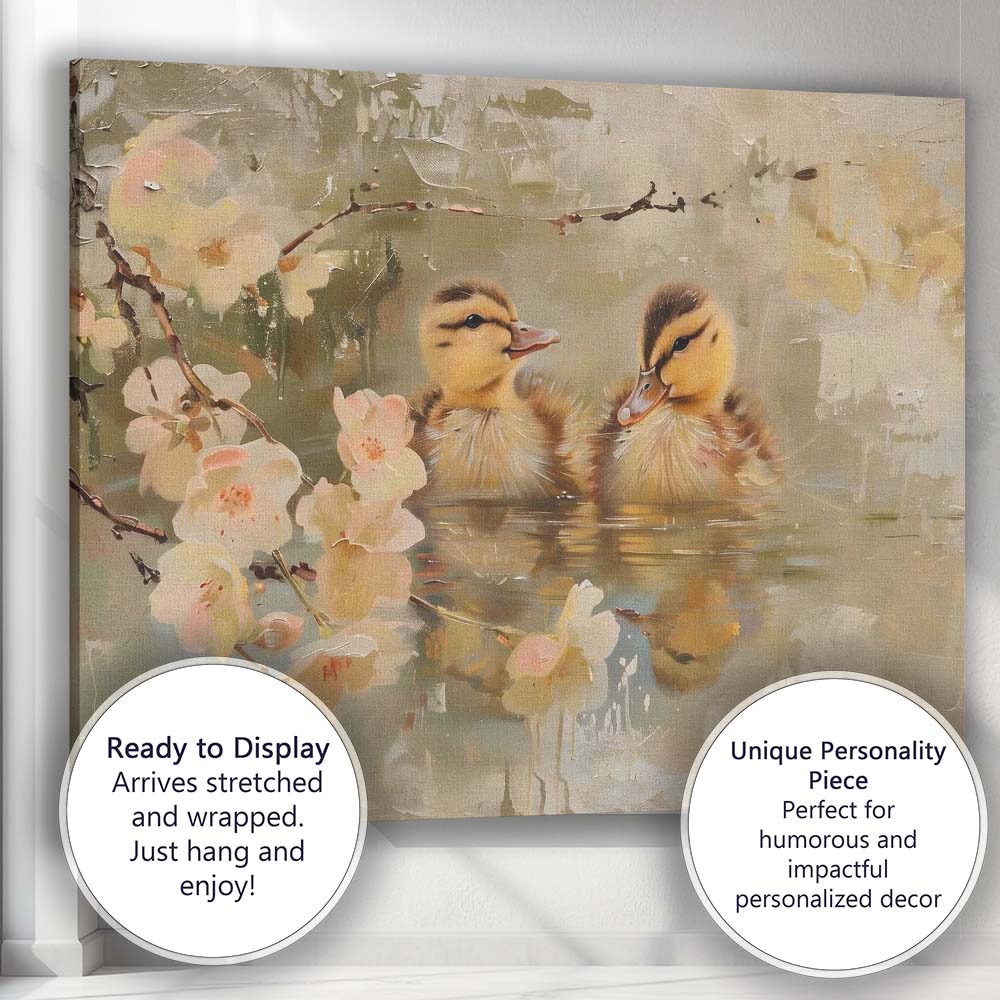 Cute Spring Ducklings Blossom Pond Wildlife Canvas Wall Art Print Decor Picture Ready to Hang