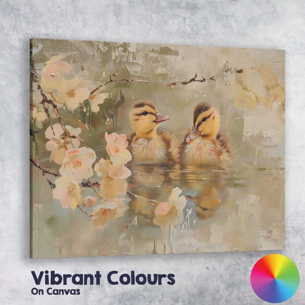 Cute Spring Ducklings Blossom Pond Wildlife Canvas Wall Art Print Decor Picture Ready to Hang