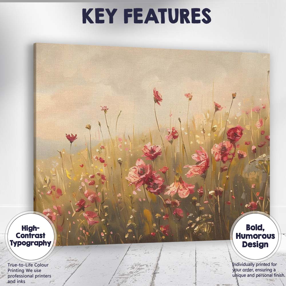 Elegant Pink Wild Poppy Meadow Floral Canvas Wall Art Print Decor Picture Ready to Hang