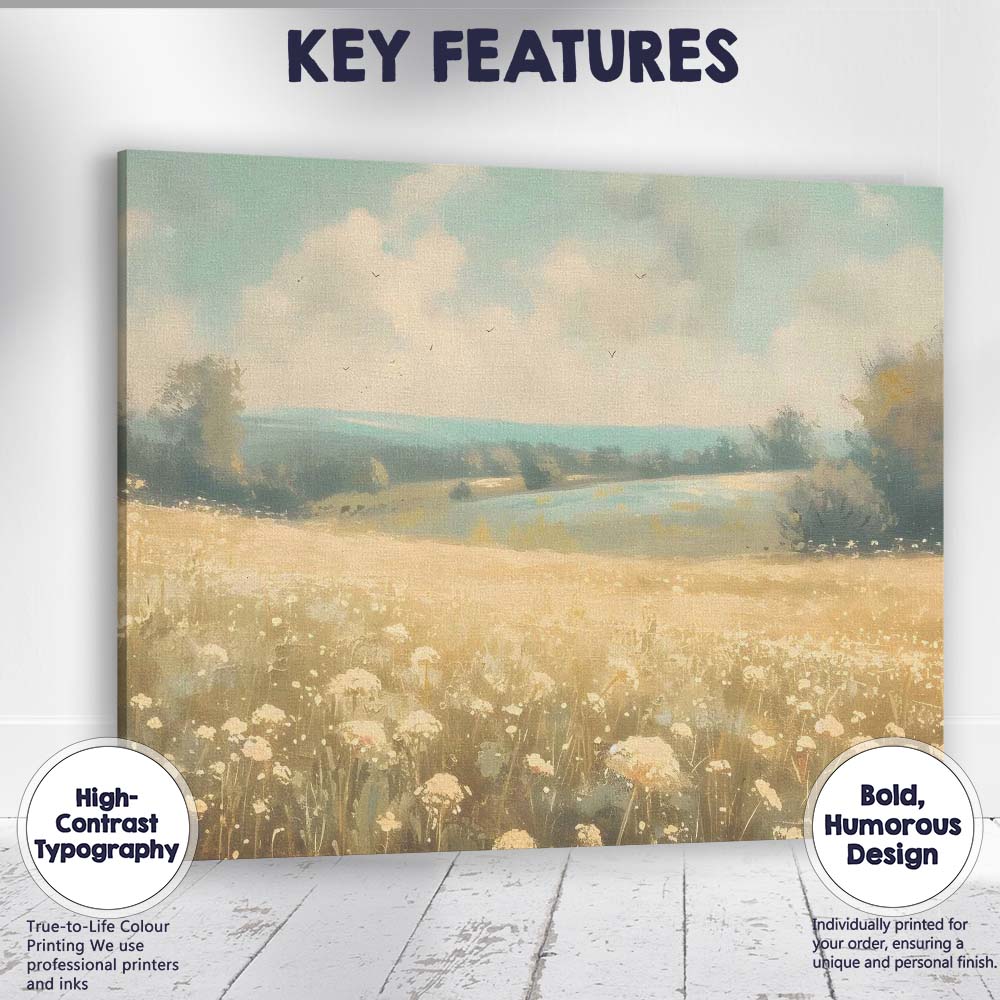 Dreamy Wildflower Meadow Rolling Hills Summer Landscape Canvas Wall Art Print Decor Picture Ready to Hang