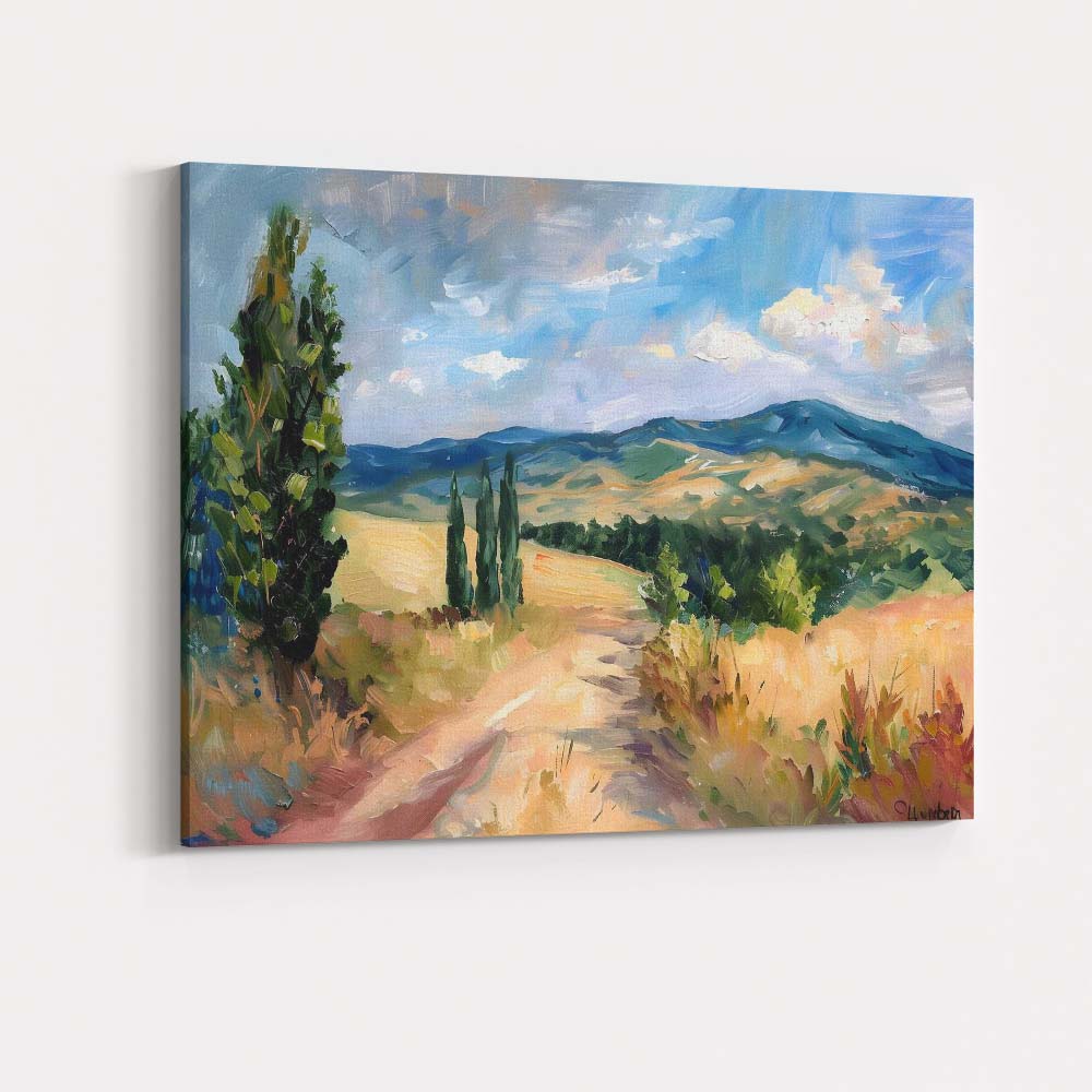 Impressionist Country Lane Rolling Hills Summer Landscape Canvas Wall Art Print Decor Picture Ready to Hang