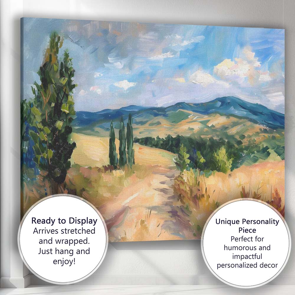 Impressionist Country Lane Rolling Hills Summer Landscape Canvas Wall Art Print Decor Picture Ready to Hang
