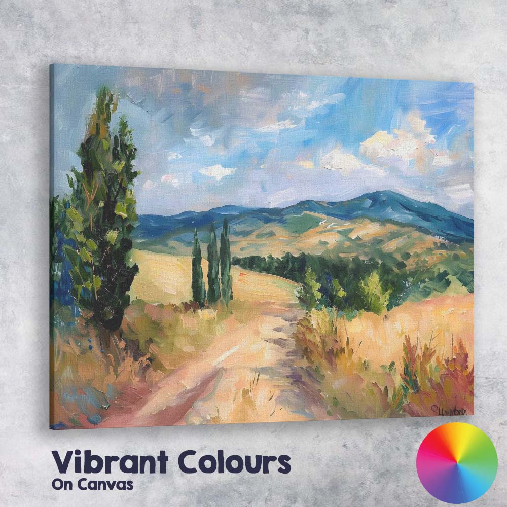 Impressionist Country Lane Rolling Hills Summer Landscape Canvas Wall Art Print Decor Picture Ready to Hang