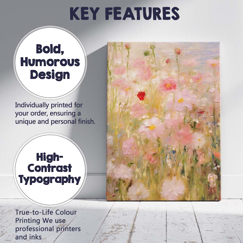 Soft Pink Wildflower Meadow Impressionist Floral Canvas Wall Art Print Decor Picture Ready to Hang