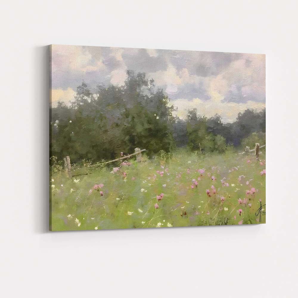 Impressionist Summer Meadow Pink Wildflowers Woodland Landscape Canvas Wall Art Print Decor Picture Ready to Hang