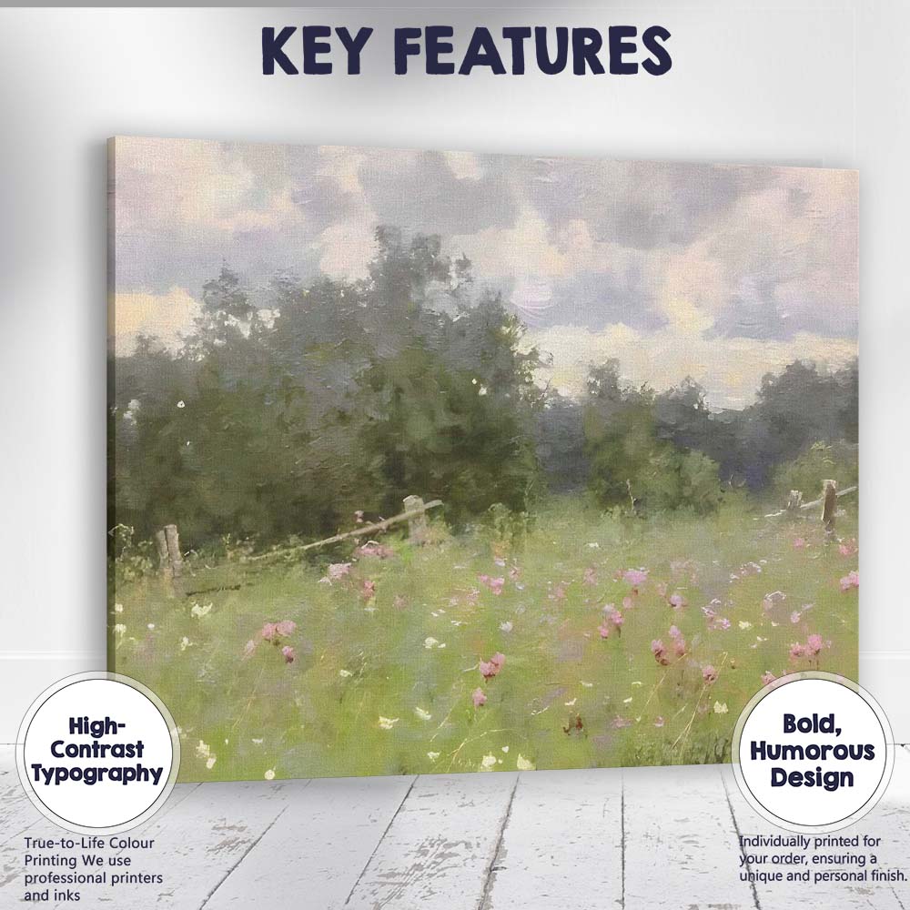 Impressionist Summer Meadow Pink Wildflowers Woodland Landscape Canvas Wall Art Print Decor Picture Ready to Hang