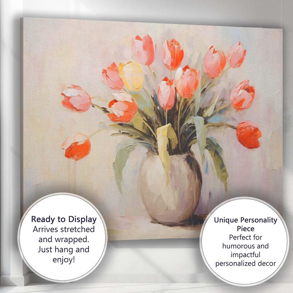Contemporary Pink Tulip Bouquet Floral Still Life Canvas Wall Art Print Decor Picture Ready to Hang