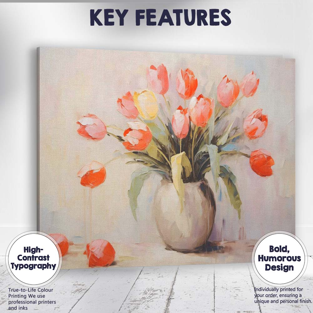 Contemporary Pink Tulip Bouquet Floral Still Life Canvas Wall Art Print Decor Picture Ready to Hang