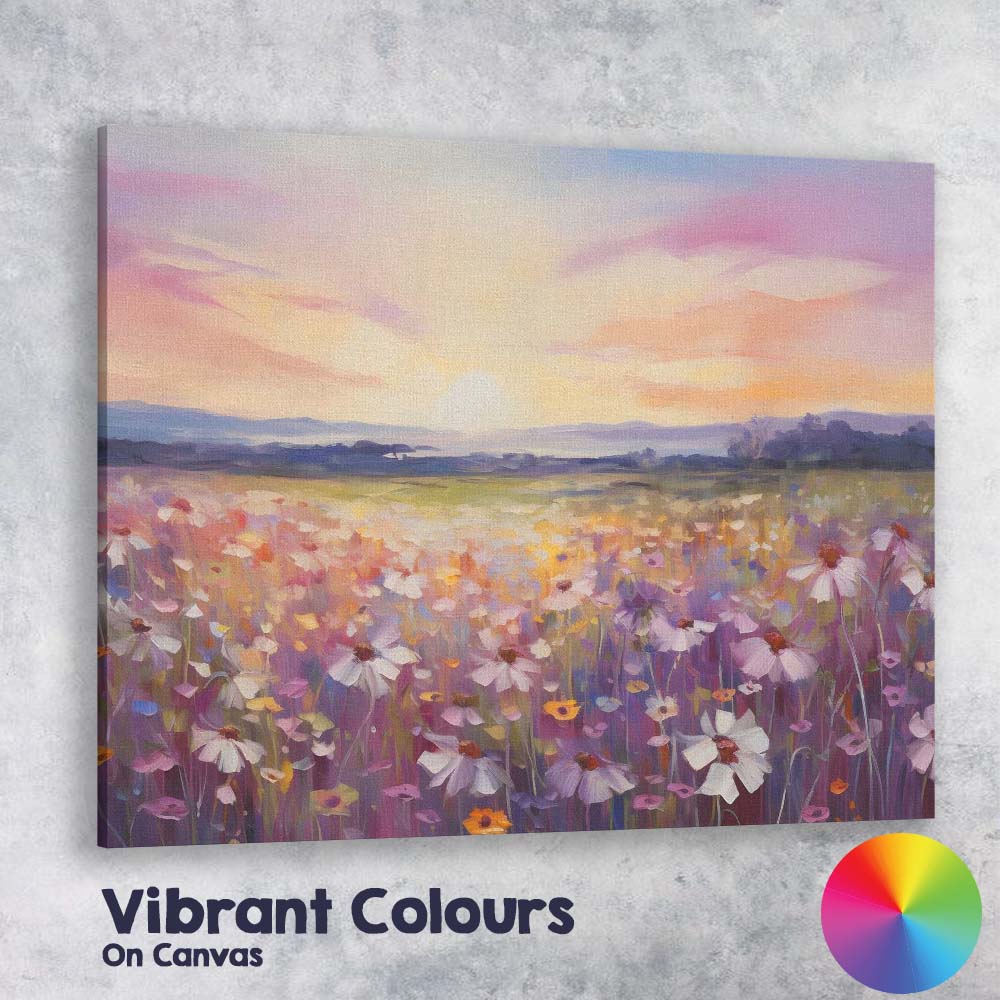 Impressionist Lavender Daisy Wildflower Meadow Sunrise Landscape Canvas Wall Art Print Decor Picture Ready to Hang
