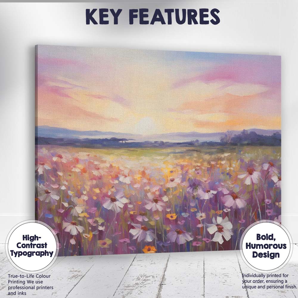 Impressionist Lavender Daisy Wildflower Meadow Sunrise Landscape Canvas Wall Art Print Decor Picture Ready to Hang