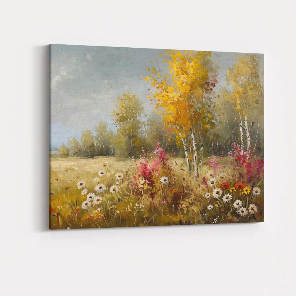 Colourful Wildflower Birch Tree Meadow Impressionist Landscape Canvas Wall Art Print Decor Picture Ready to Hang